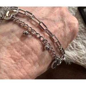 Bracelet with Heart charm Silver stainless steel new dainty dangle two chains